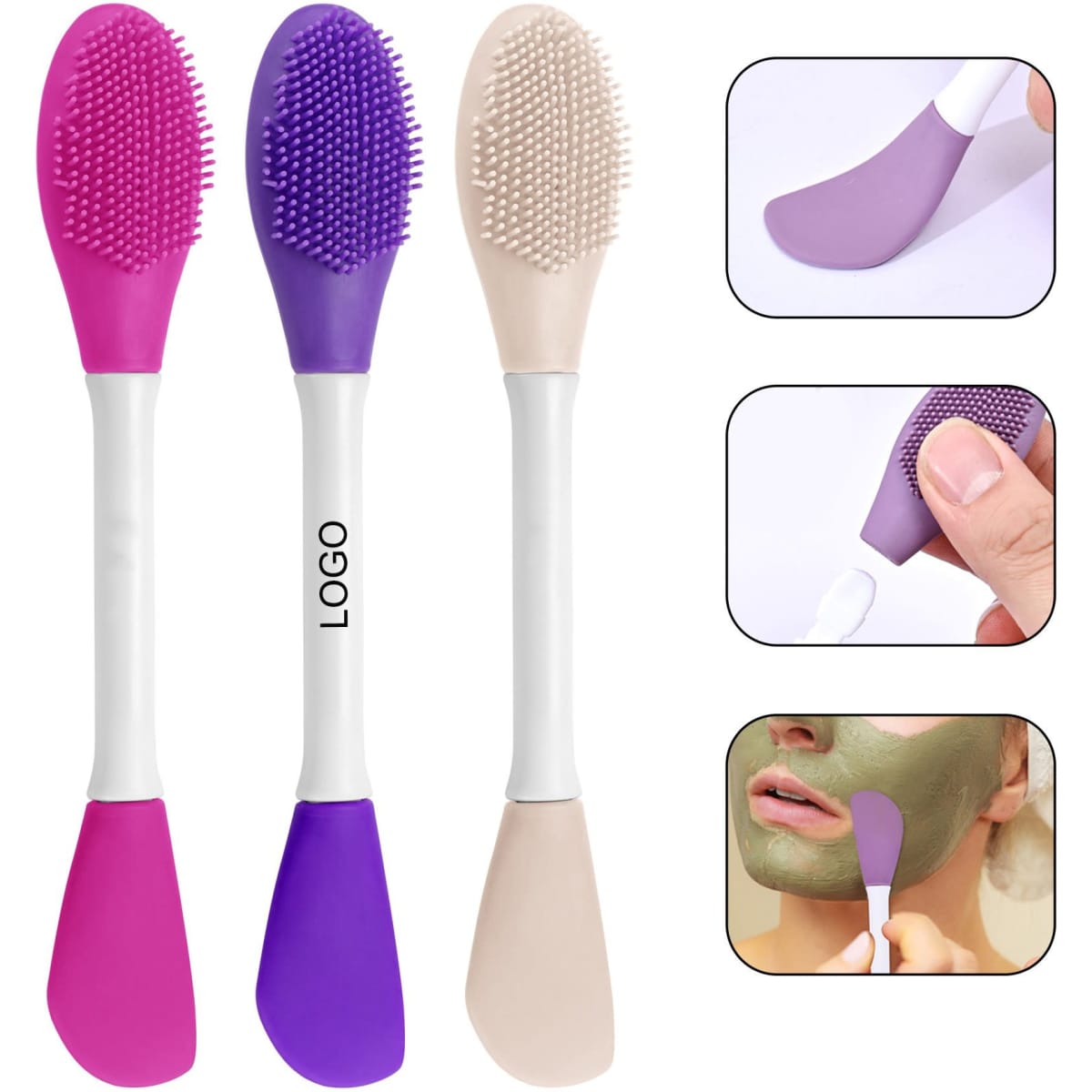 Triple set of double-ended silicone face mask brushes in pink, purple, and beige, featuring a logo on the handle.