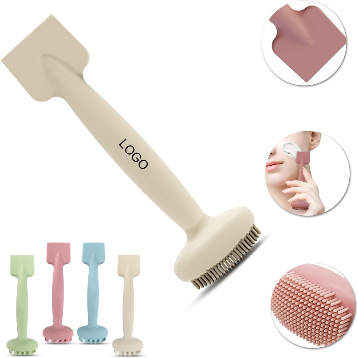 A double-ended silicone face mask brush in soft pastel colours with a silicone end and a textured end. Features a logo.