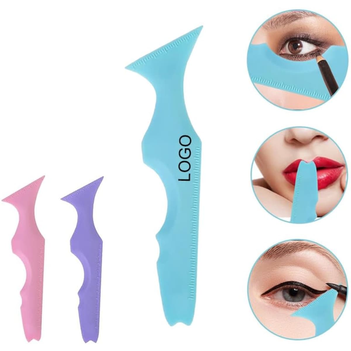 A set of three silicone eyeliner stencils in blue, pink, and purple, featuring different shapes for winged eyeliner application.