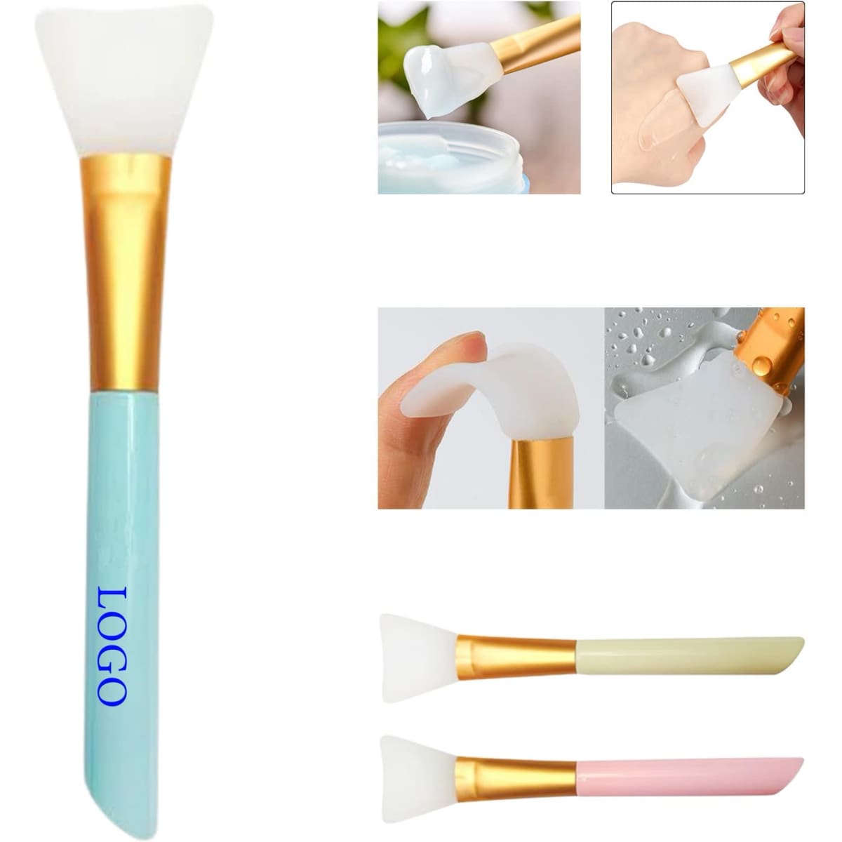 A silicone face mask brush with a light blue handle and a gold accent, featuring a flexible white brush head.