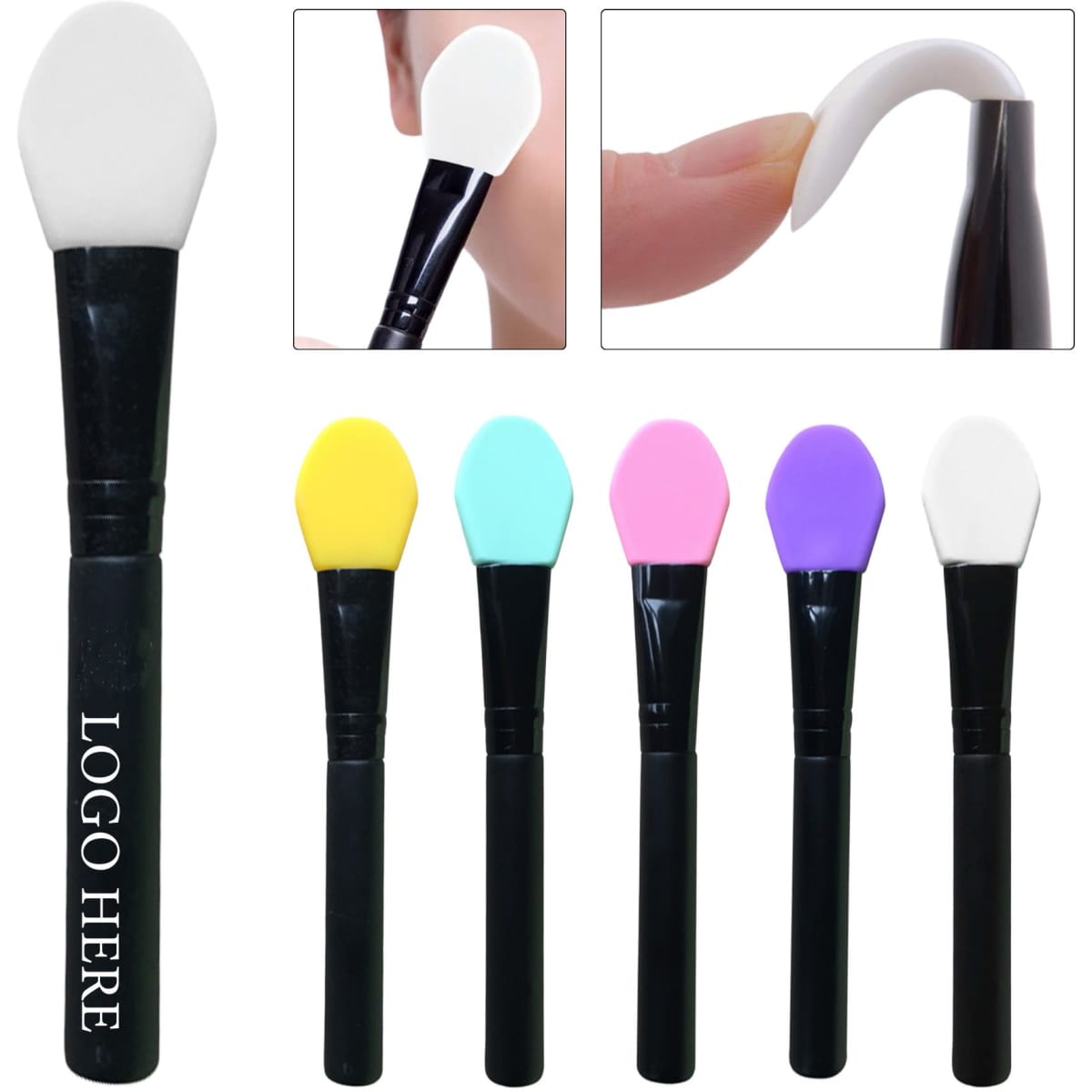 Silicone mask brushes in various colours including yellow, turquoise, pink, and purple, with a black handle and a logo.
