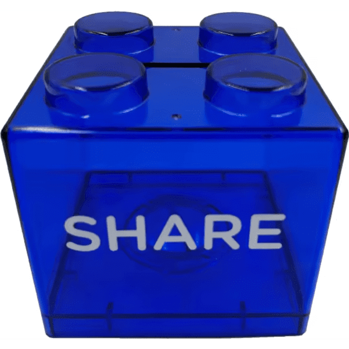 A blue building block money-saving box featuring four raised sections on top and a branding logo.