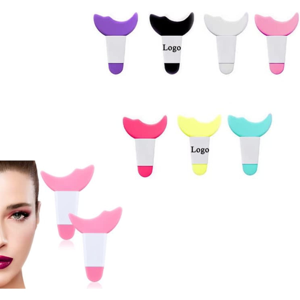 A set of colourful eye makeup guard tools in purple, black, white, pink, yellow, and blue with logos.