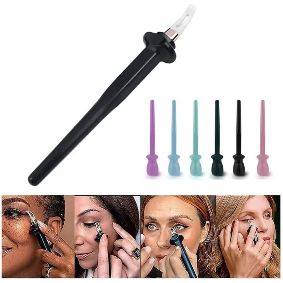 A silicone eyeliner brush in black, with five additional pastel-coloured brushes displayed beside it, showcasing various users applying eyeliner.