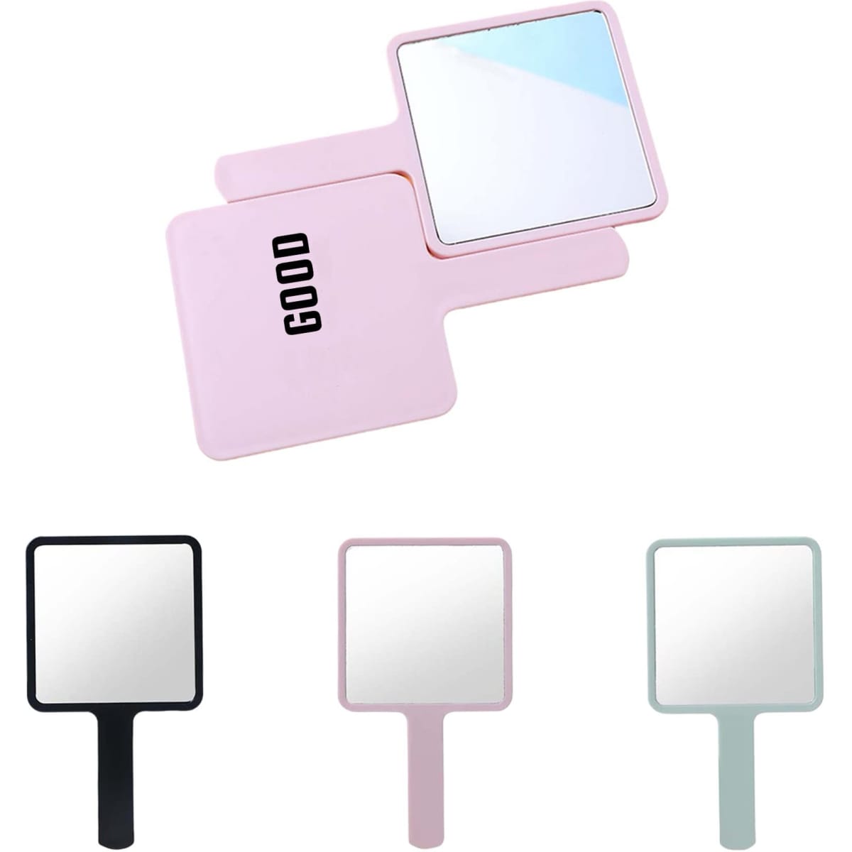 A square handheld mirror in pink, black, and mint; features a logo on one side. Ideal for personal grooming.