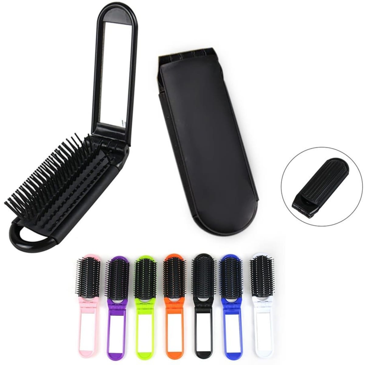 A pocket hair brush with a mirror, available in various colours including black, pink, blue, green, and orange.