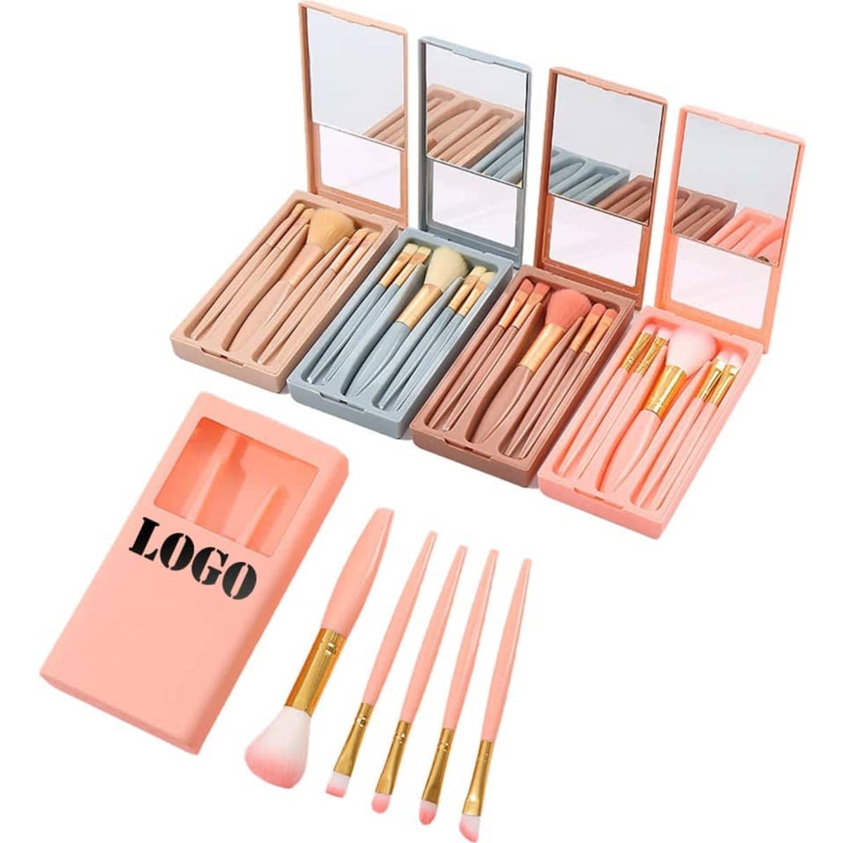 A set of pastel pink, grey, and brown makeup brushes with mirrors in a compact case featuring a logo.