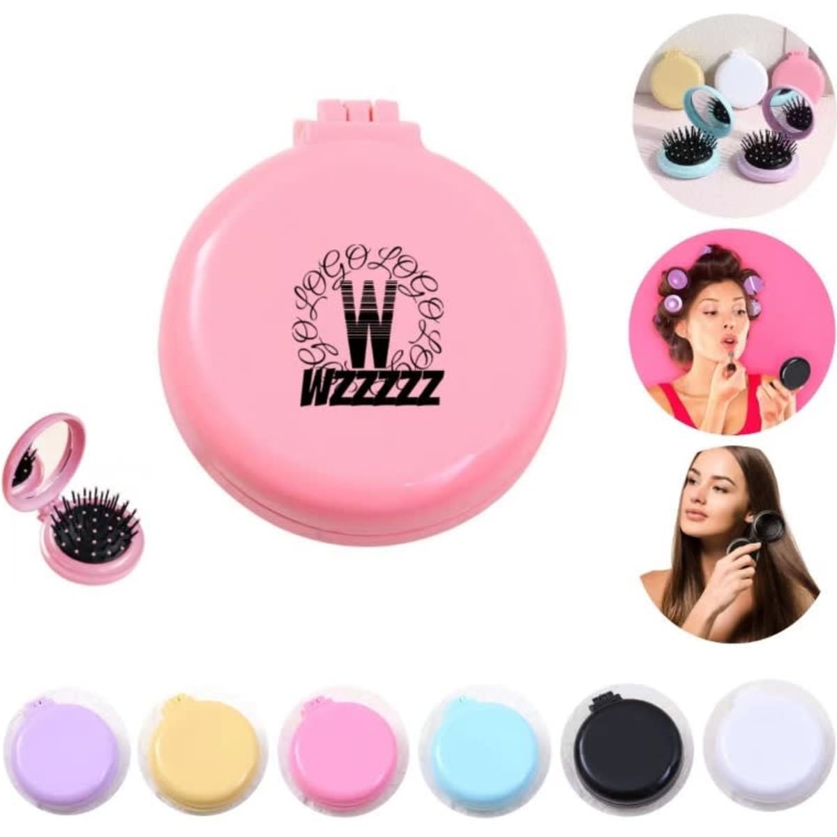 A folding hair brush with a mirror, featuring a pink exterior and various colour options displayed.