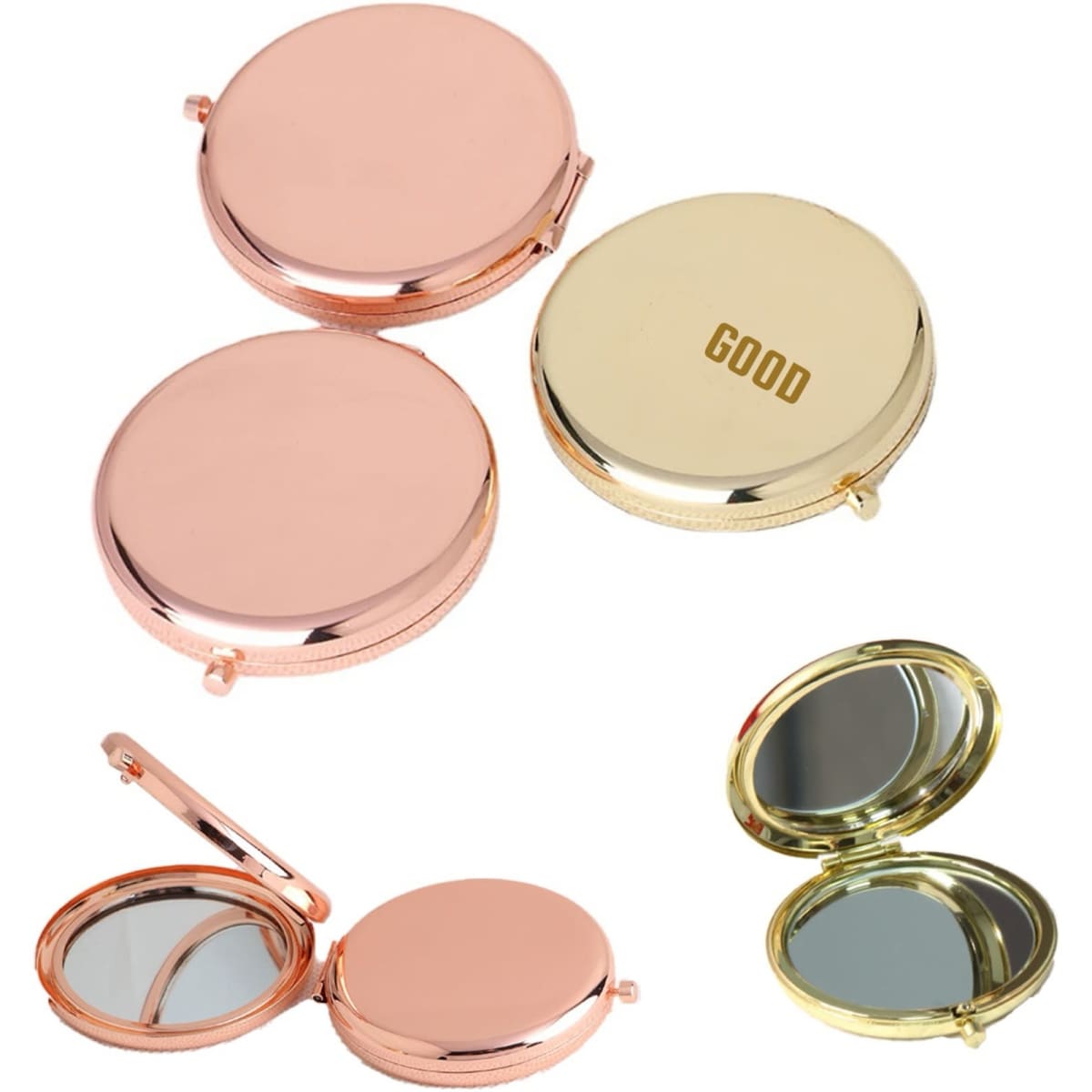 A set of mini pocket mirrors in rose gold and gold finishes, featuring an internal reflective surface and a small logo.