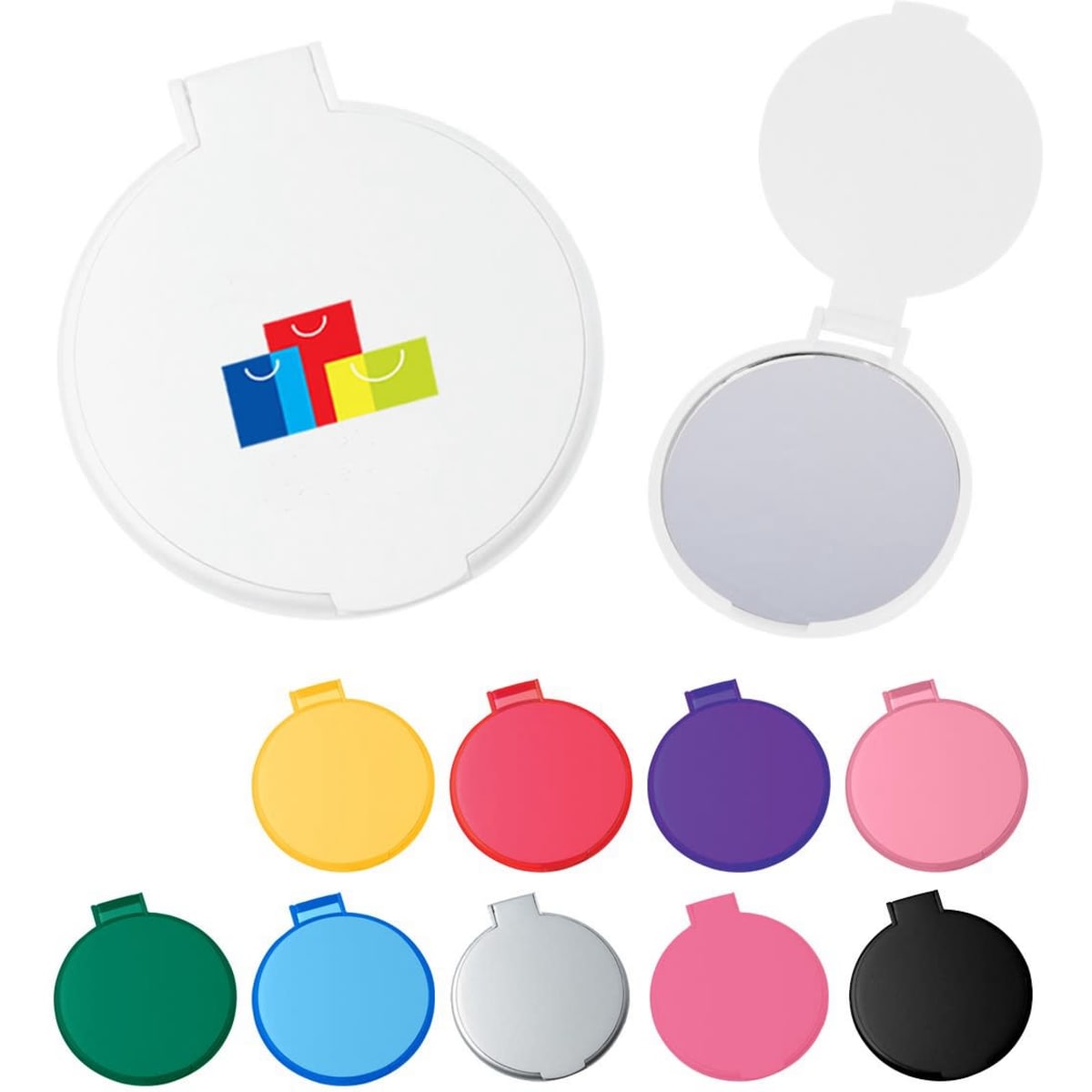 A folding mirror featuring a white outer case and a reflective surface, available in various vibrant colours.