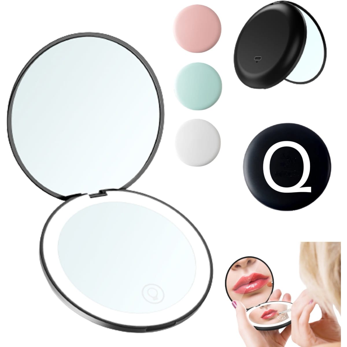 A compact LED mirror featuring a sleek black exterior, alongside coloured discs in pink, mint, and white.