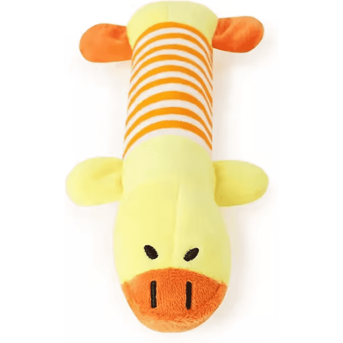 A yellow and orange striped duck dog toy with a soft texture and small flippers. It features a simple facial design.