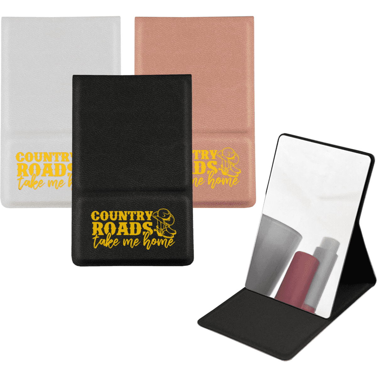 A compact unbreakable mirror in white, rose gold, and black cases, featuring a logo on the front.