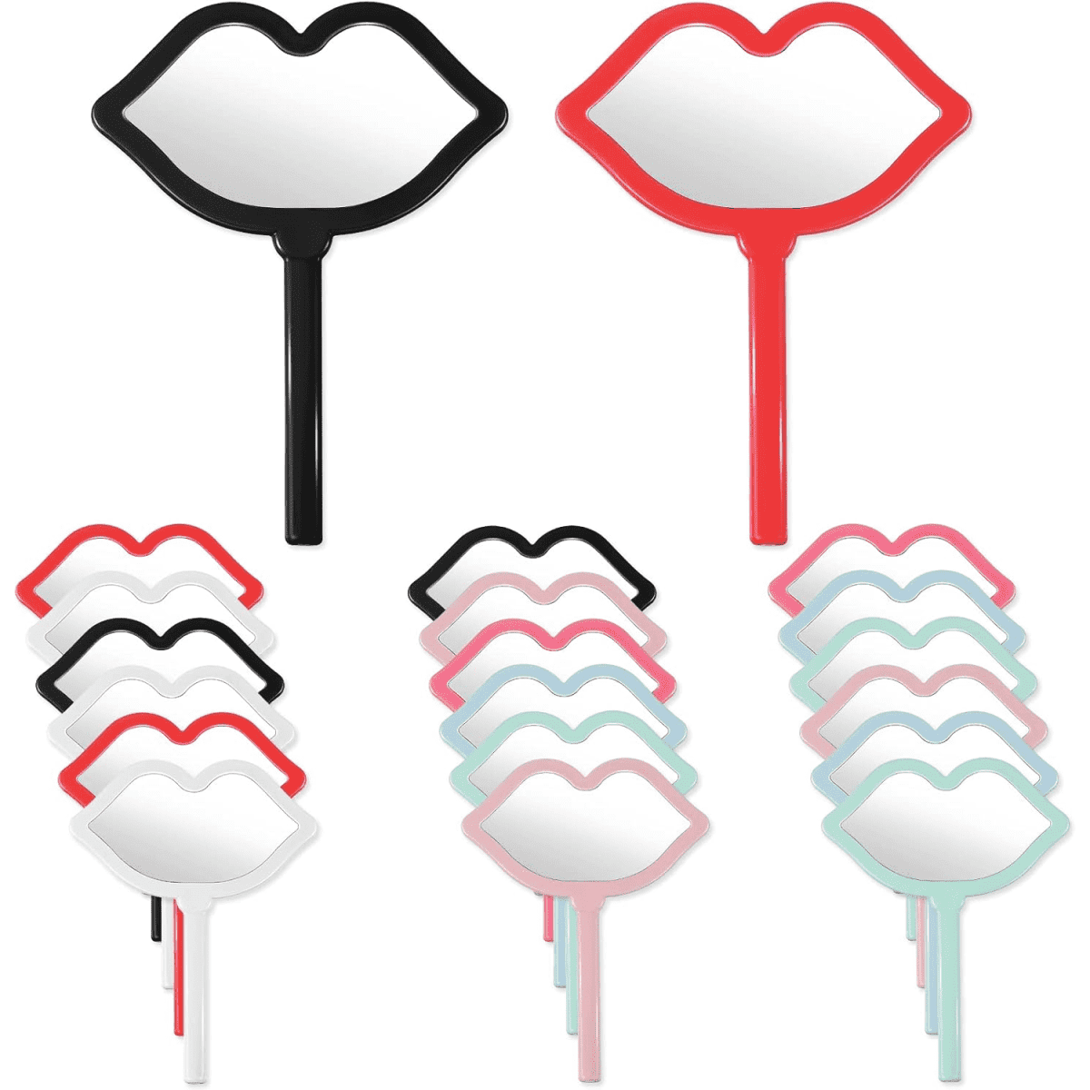 A collection of lip-shaped handle mirrors in various colours, including black, red, pink, and white.