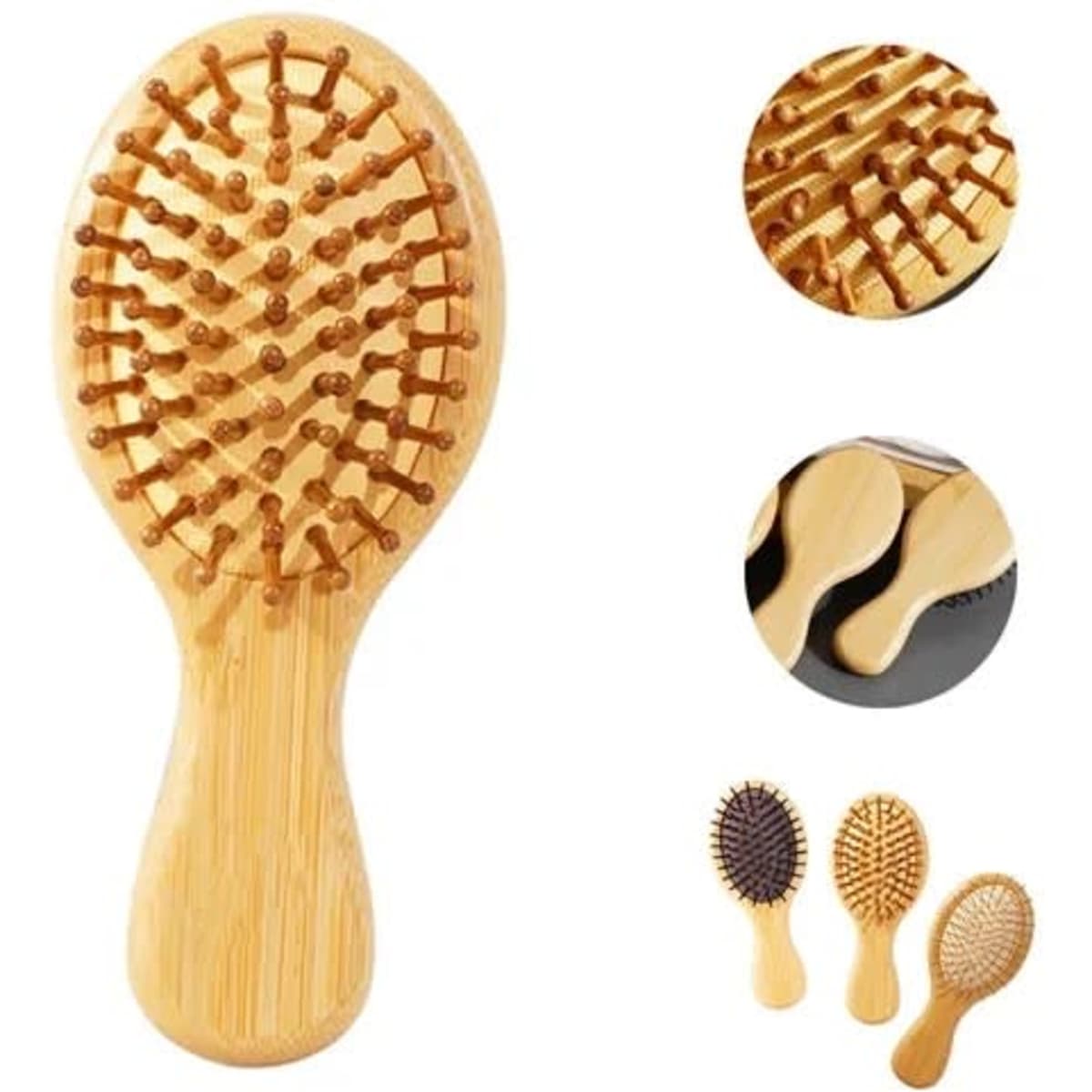 A wooden hair brush with a rounded shape, featuring natural bristles and a textured handle. Available in multiple colours.
