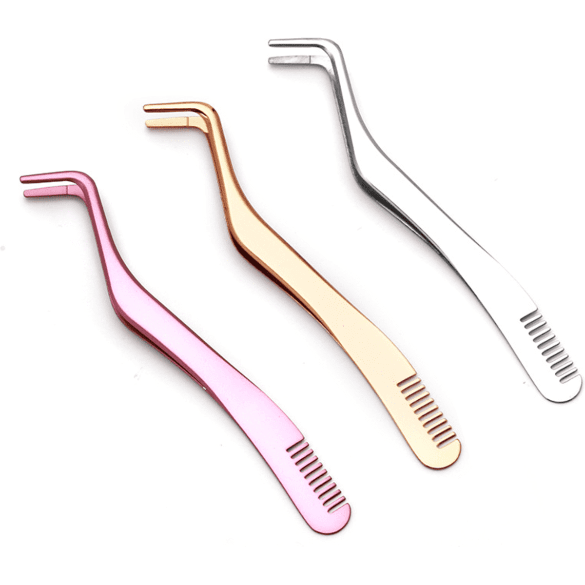 Three eyelash tweezers in pink, gold, and silver, featuring textured grips. They have curved tips for precise application.