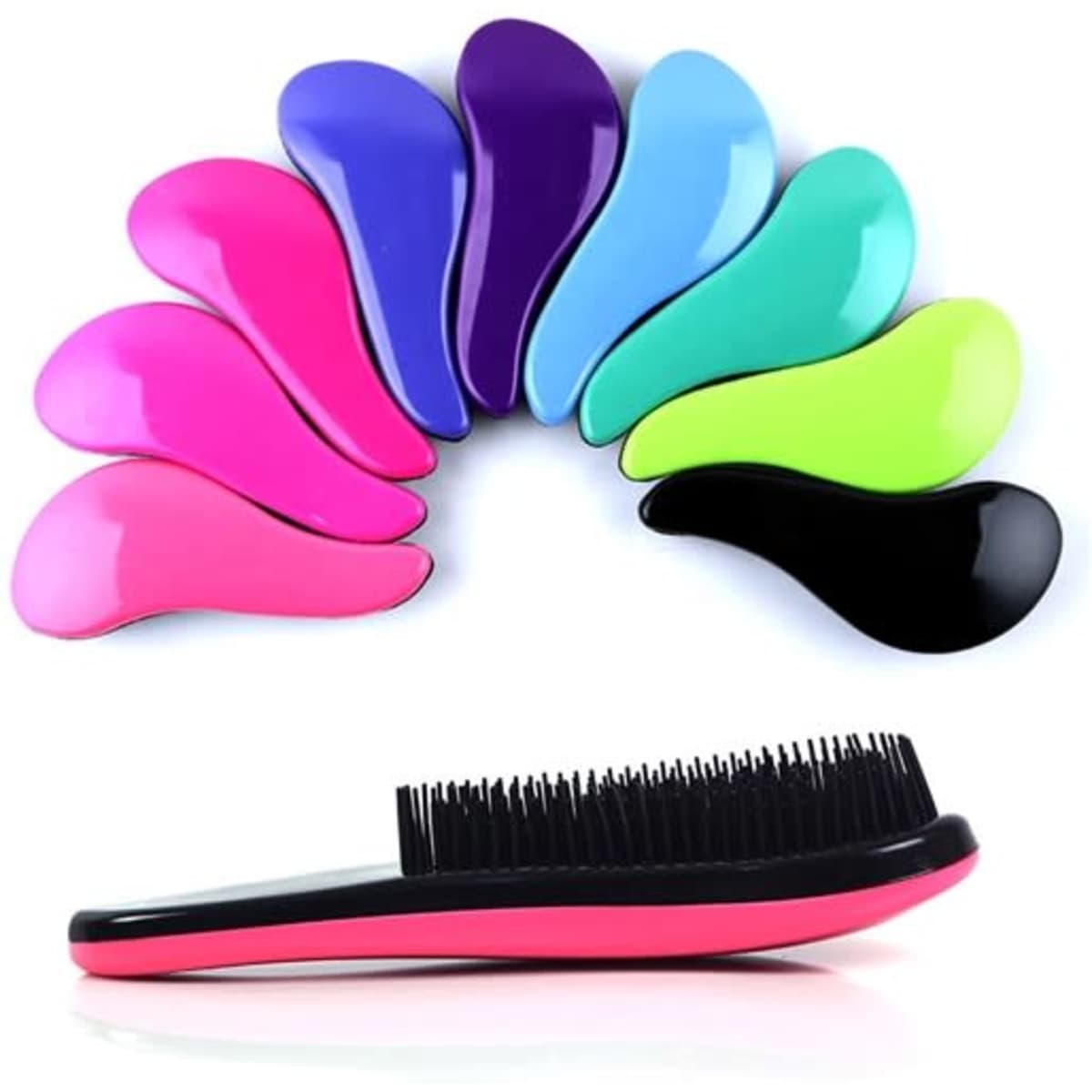 A hair comb with a handle in pink, black, and various other vibrant colours, displayed in a curved arrangement.