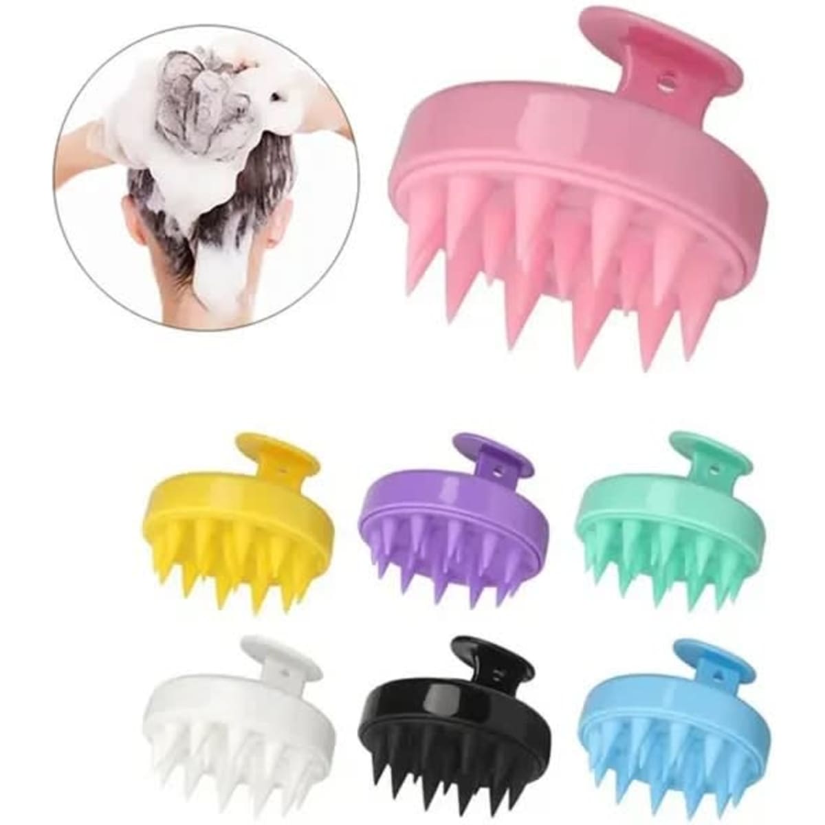 A set of hair scalp massagers in various colours, including pink, yellow, green, purple, black, and white.