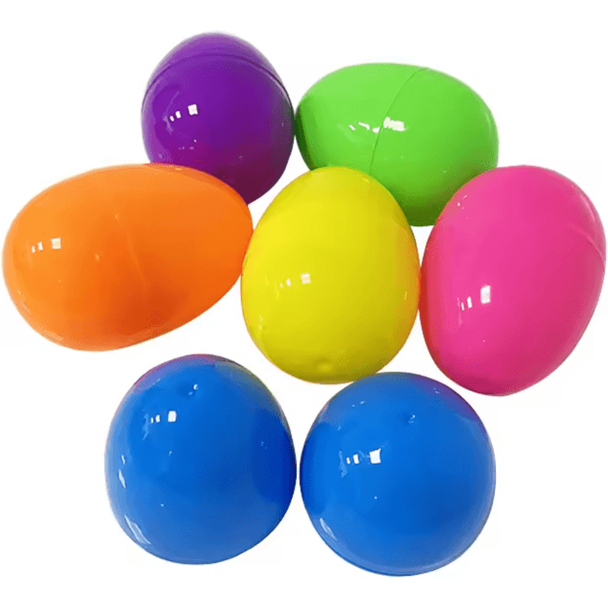 A collection of plastic Easter eggs in orange, purple, green, pink, and blue, stacked together.