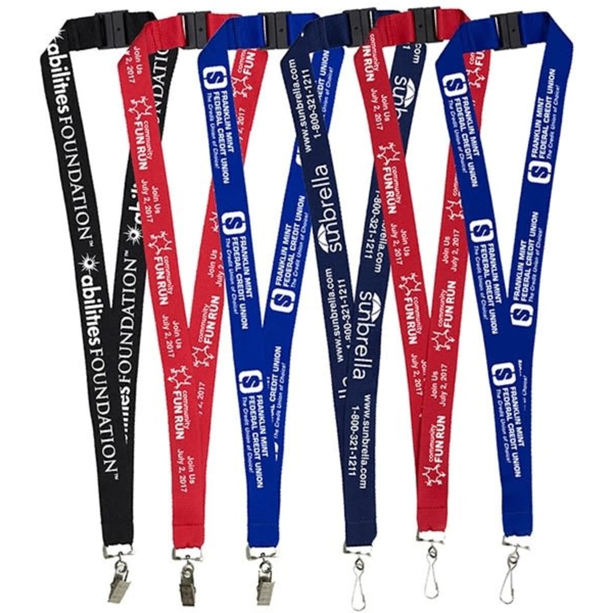 A selection of lanyards in black, red, blue, and combined designs, featuring various branding elements.