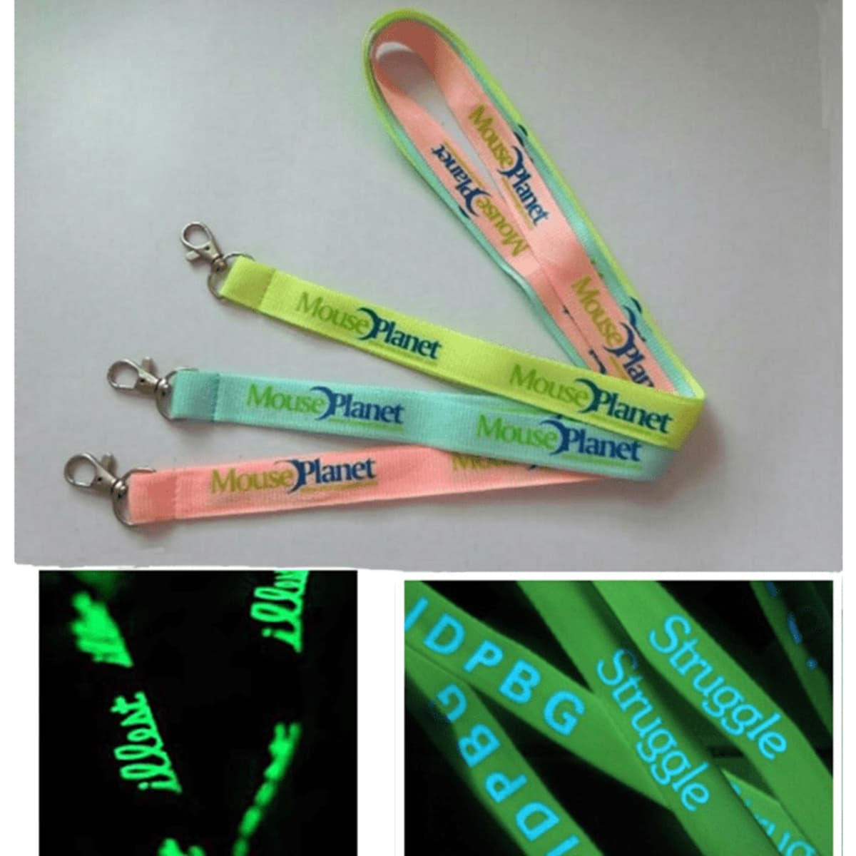 A set of glow-in-the-dark lanyards in pastel green and pink, featuring a logo and light-up text patterns.