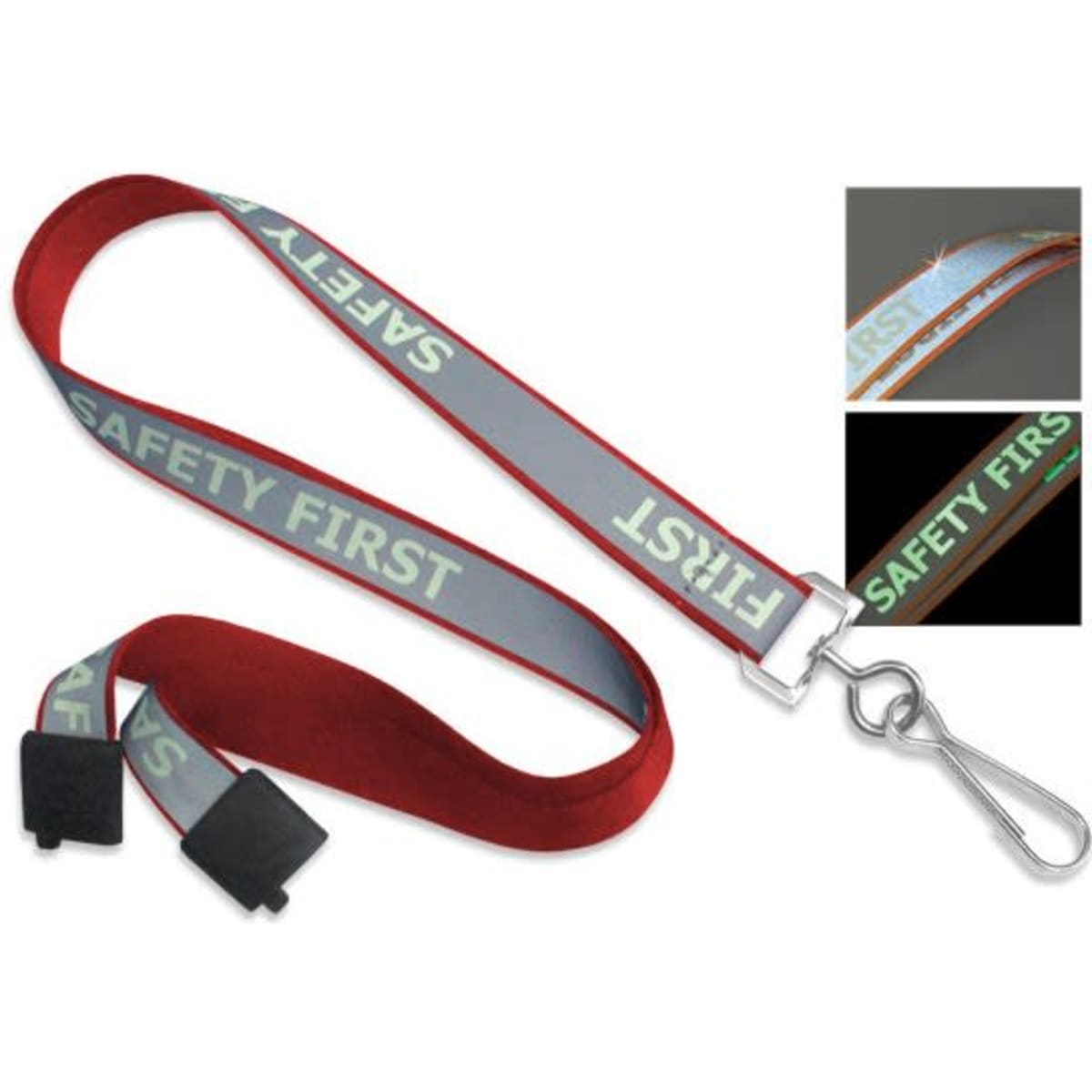 A red reflective lanyard with grey accents, featuring a metal clip and a logo.