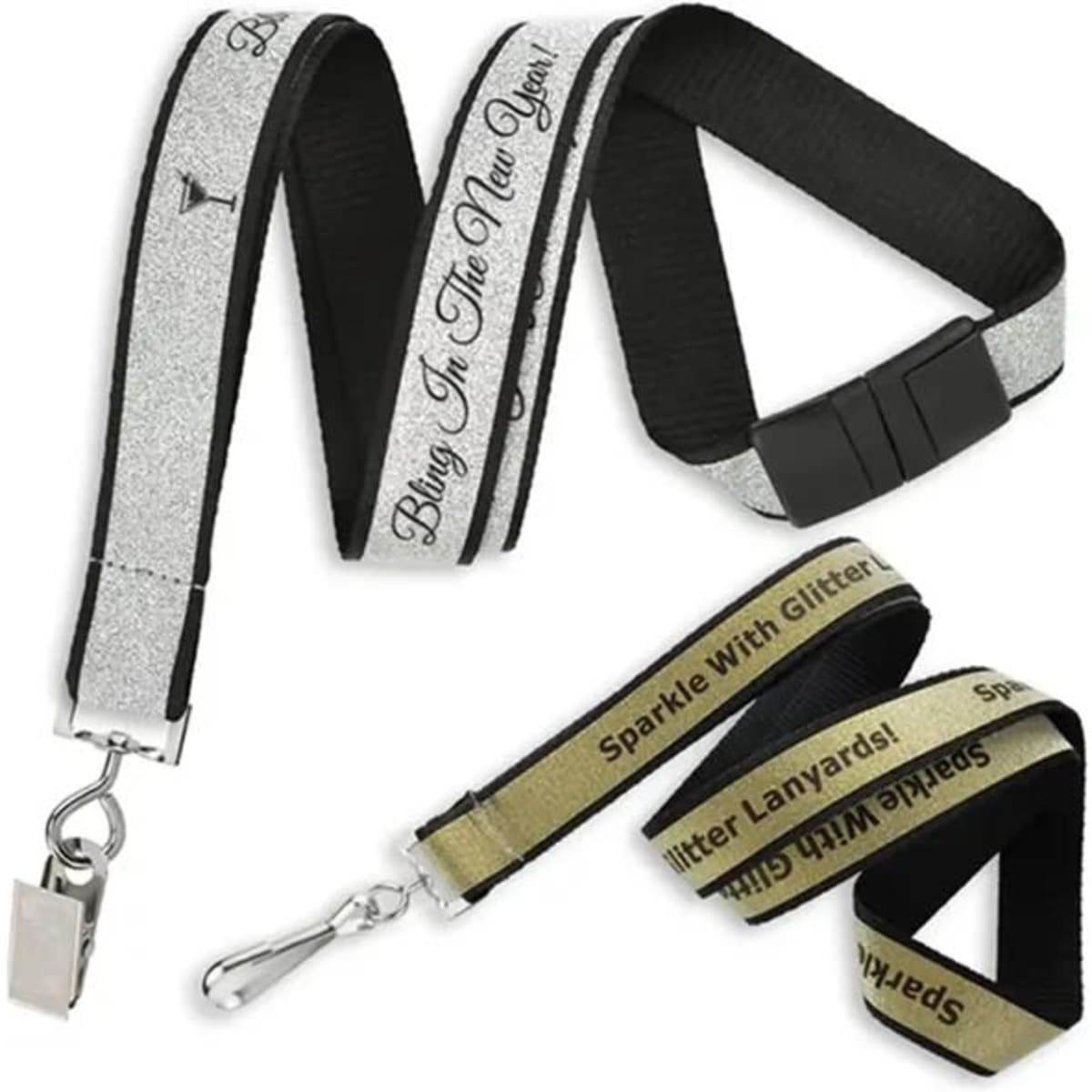 A glitter lanyard featuring silver and gold sparkly straps, with black fabric accents and a clamping hook.