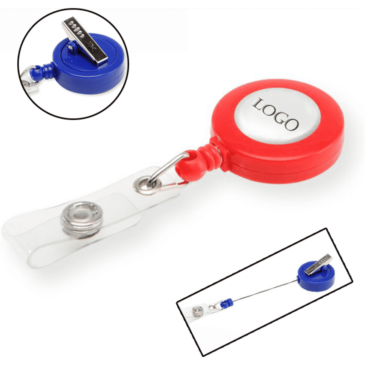 A red and blue retractable badge reel holder with a clear strap and a circular area for a logo.