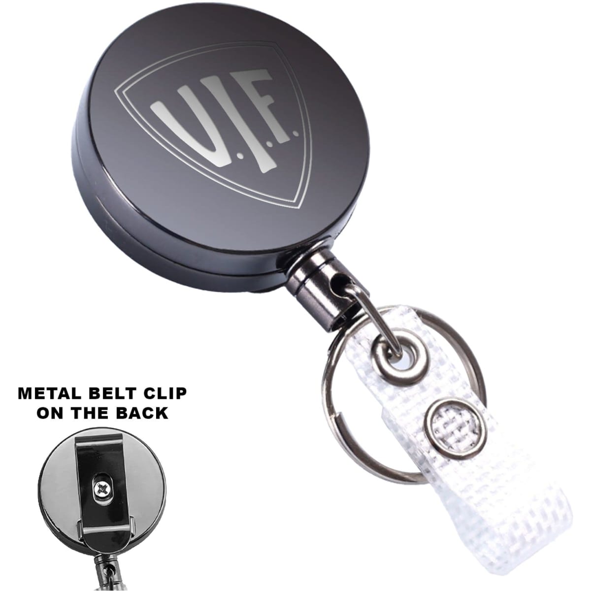 A black metal badge reel with a logo and a clear badge clip on the back for secure attachment.