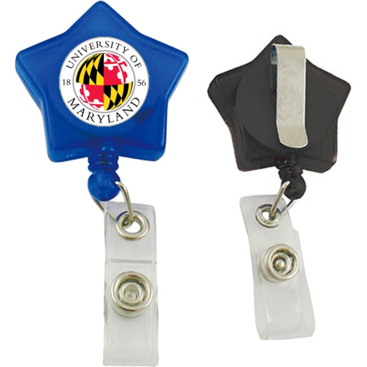 A star-shaped retractable badge reel in blue and black, featuring a logo on the front.