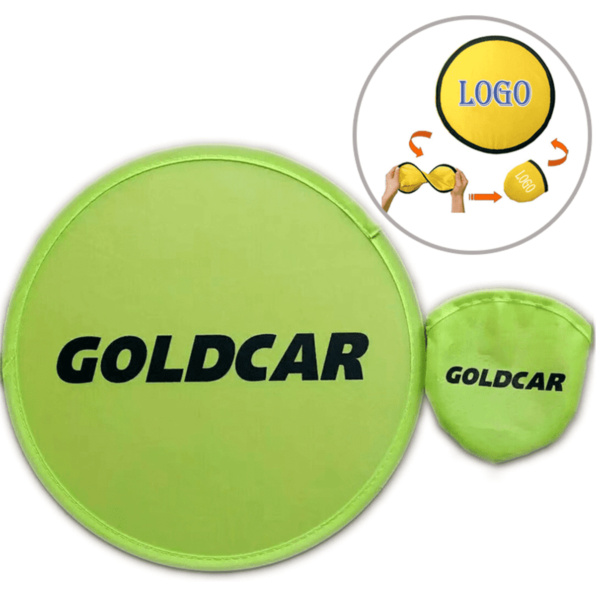 A bright yellow frisbee with a pocket for storage, featuring a logo and a carry pouch in green.