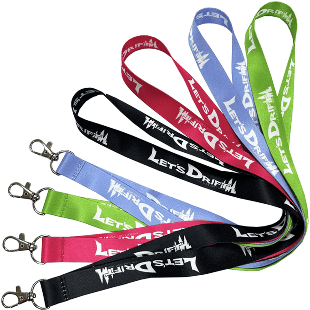A collection of lanyards in various colours: black, pink, green, blue, and purple, each featuring a logo.