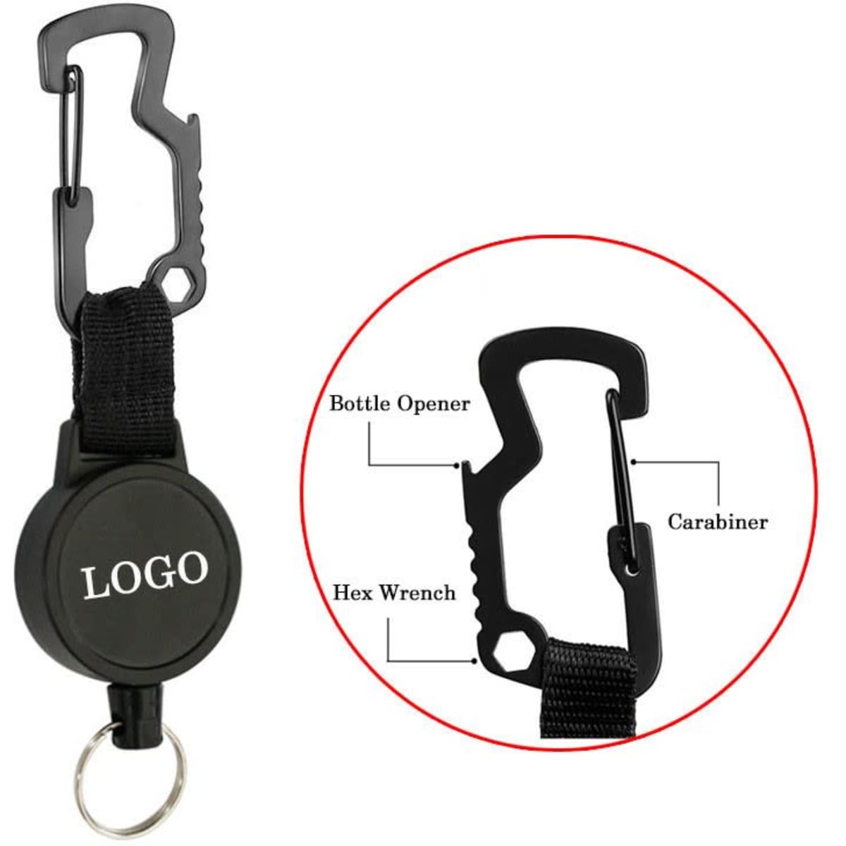 A retractable badge reel in black with a carabiner, featuring a keyring and multiple tool functionalities.