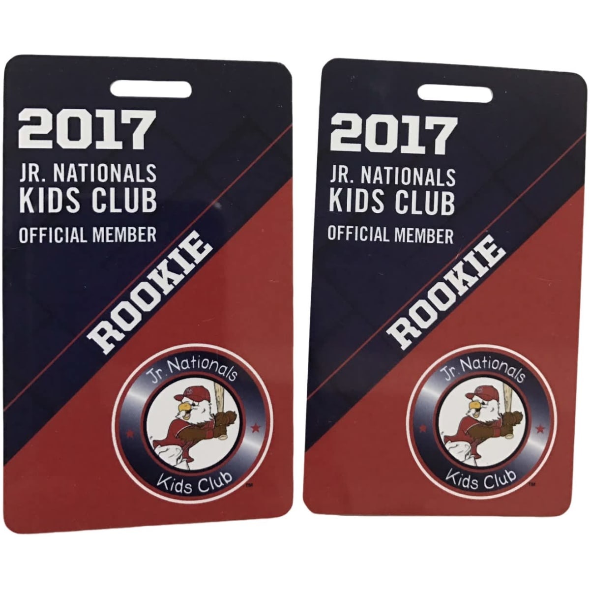 Two event ID cards in red and navy blue, featuring a logo, with "2017 Jr. Nationals Kids Club Official Member" and "Rookie."