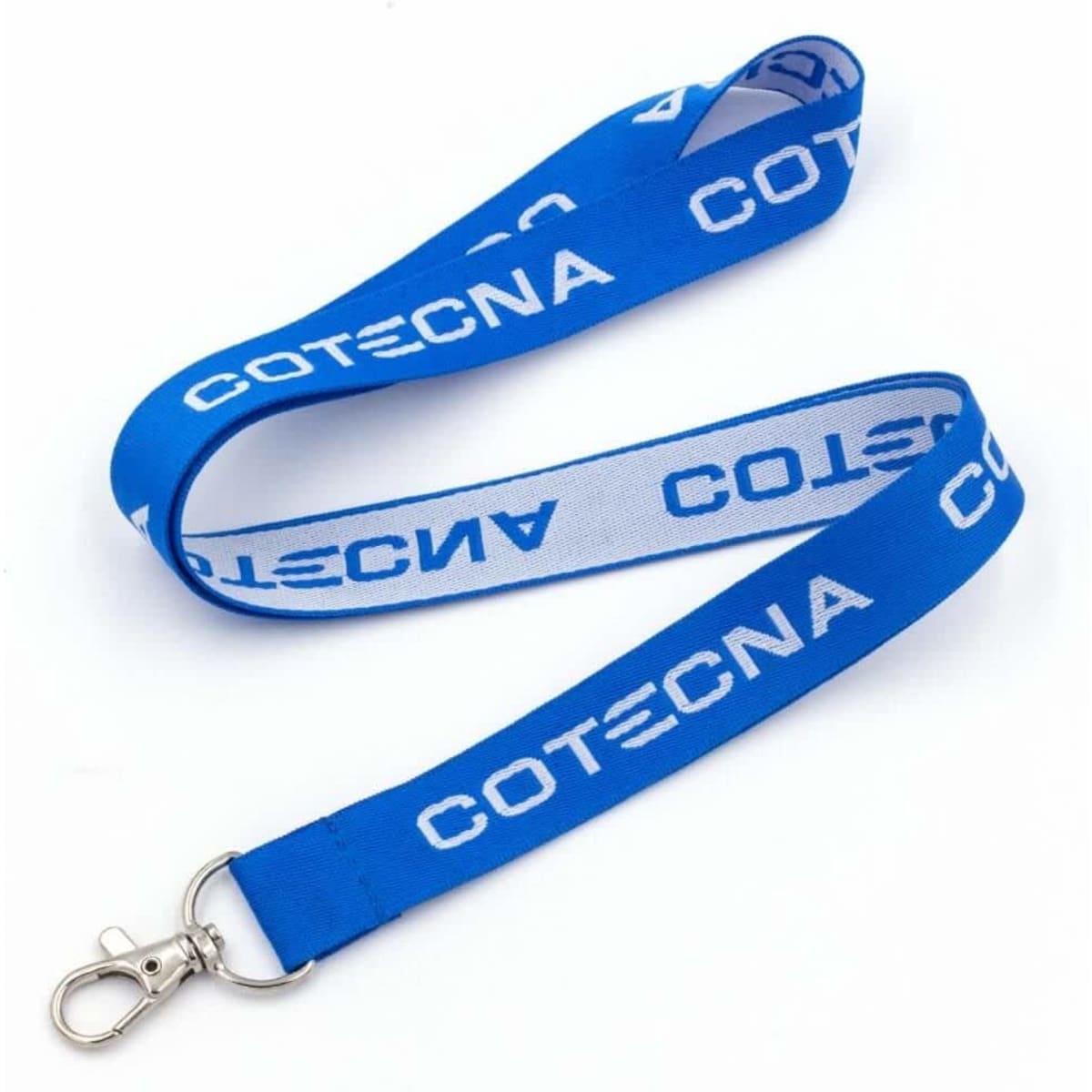 A blue woven lanyard features a clip for attachment and includes branding along its length.