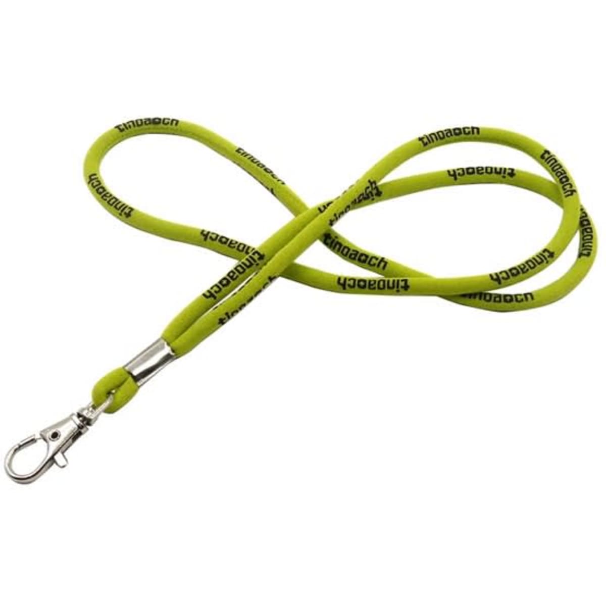 A round woven lanyard in bright green with a clip attachment and a logo.
