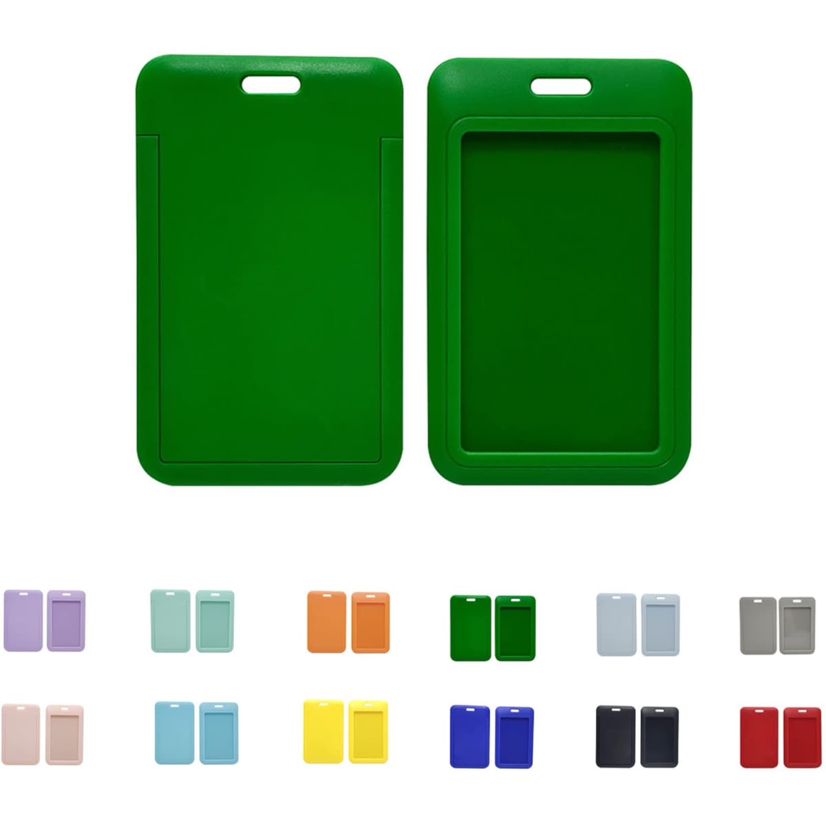 A green Slide ID Card Holder displayed from the front and back, with various other colour options below.