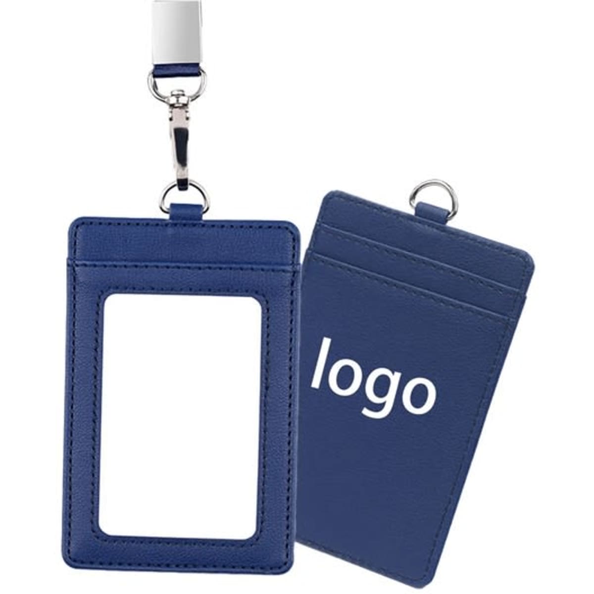 A navy badge holder with a clear window for ID and a clip for attachment, featuring a logo on one side.