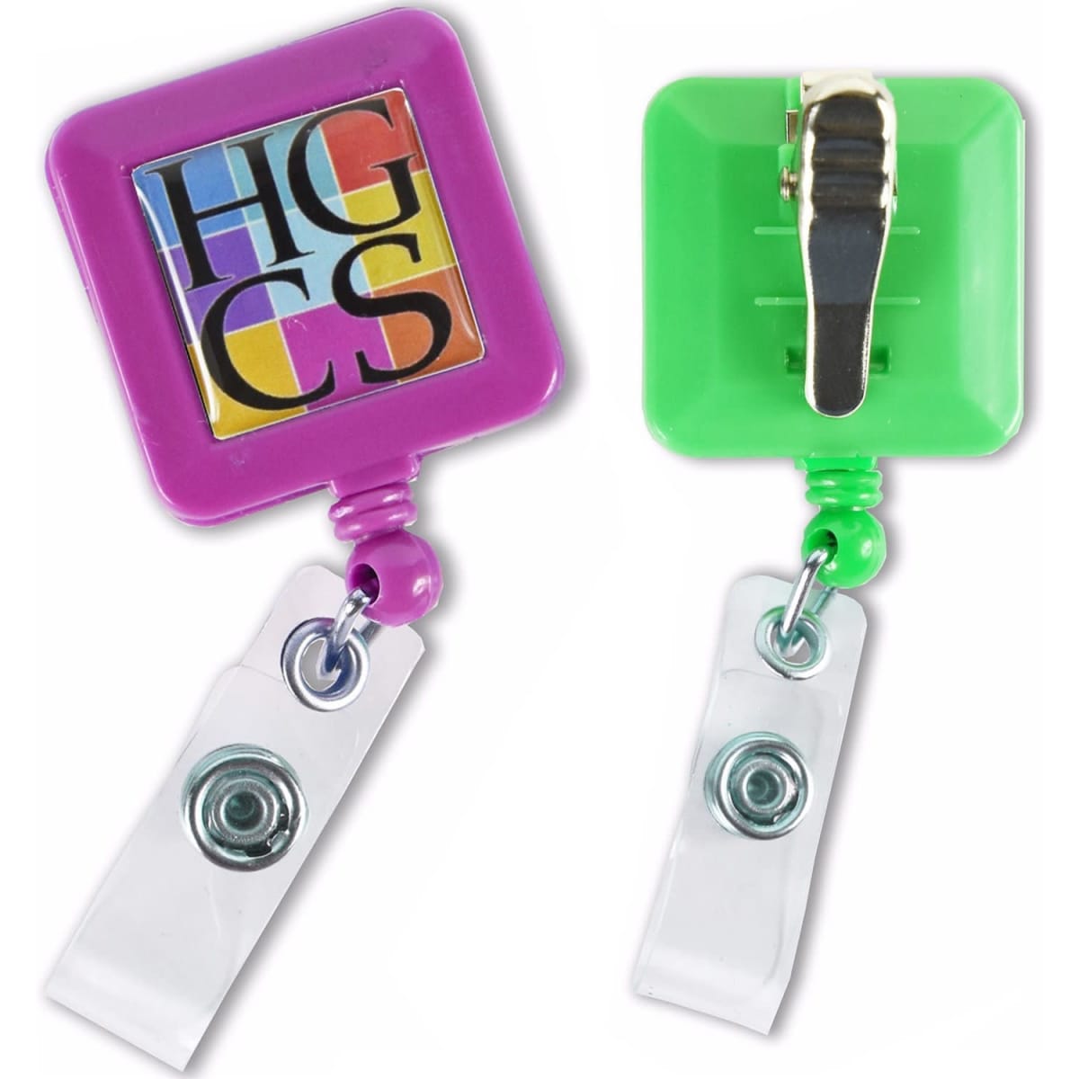 A square retractable badge reel in purple and green, featuring a colourful logo and a clip on the back.