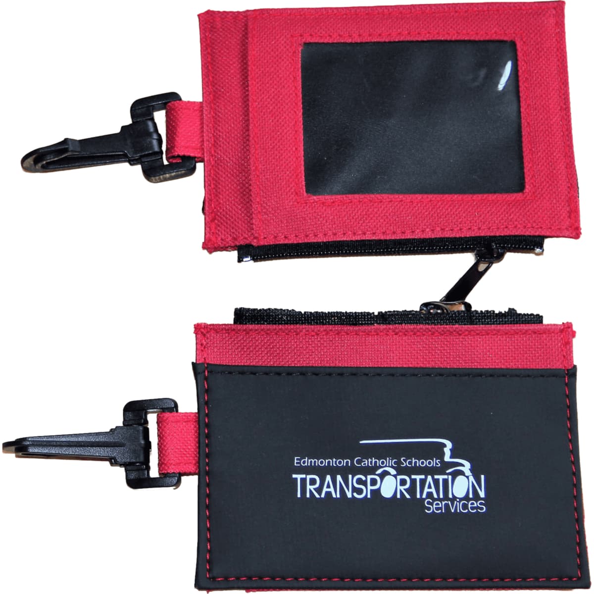 A red and black card case with a zipper pocket and a transparent window, featuring a logo.