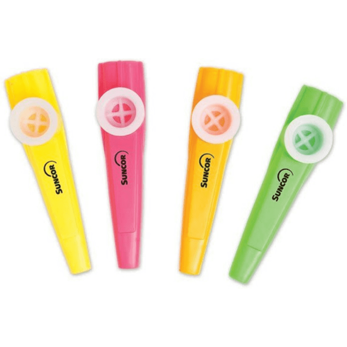 Four kazoos in yellow, pink, orange, and green, featuring circular mouthpieces and branding.