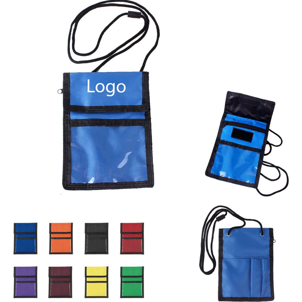 A blue neck wallet badge holder with black trim, featuring a logo and multiple pocket colours, including red, green, and yellow.
