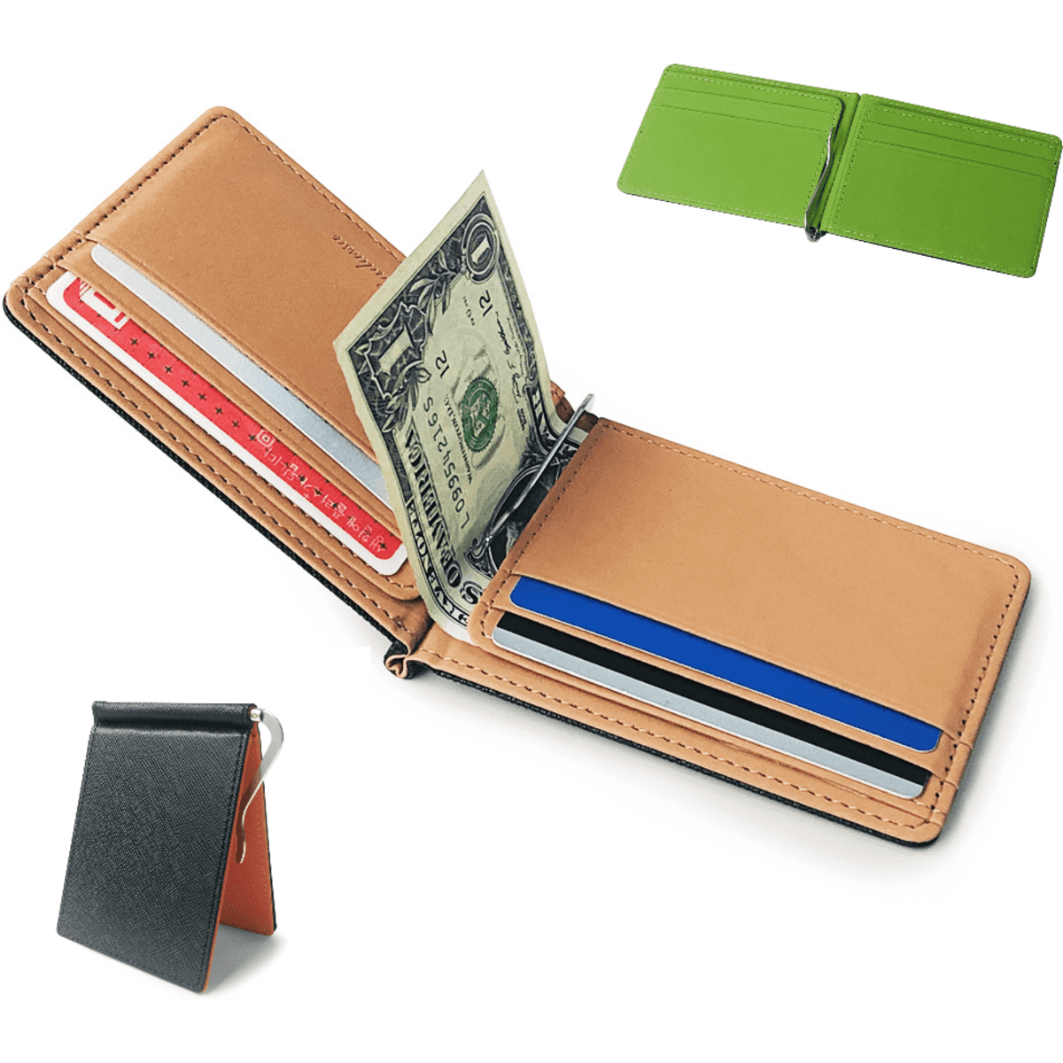 A leather wallet with a clip, featuring a tan interior, card slots, and a green exterior, displayed with a black version.