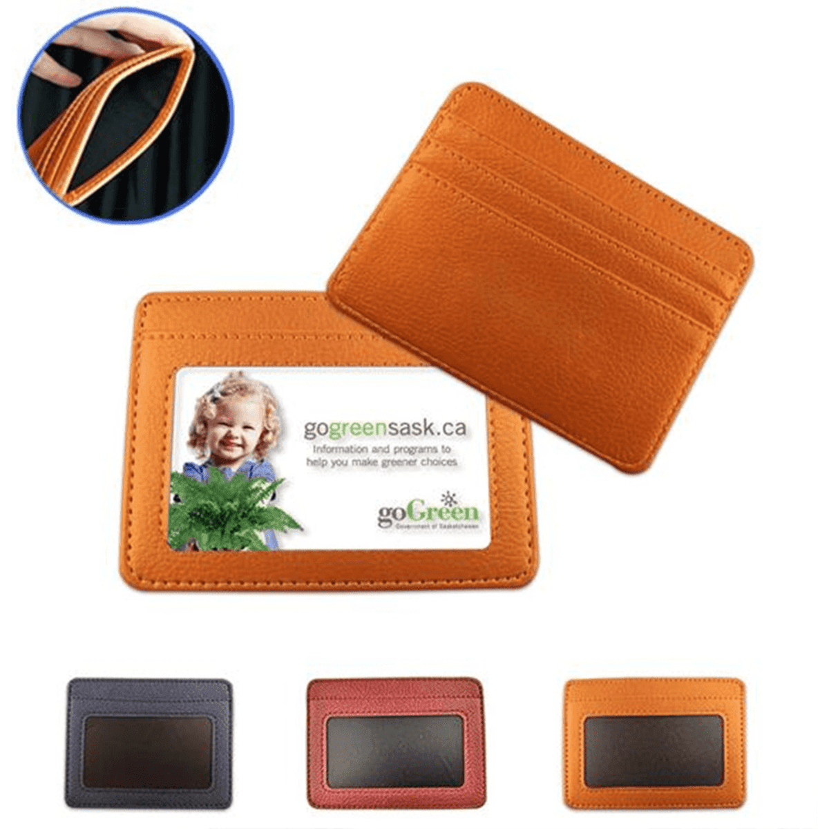 An orange card case with multiple slots, alongside options in navy and brown. Features a logo.