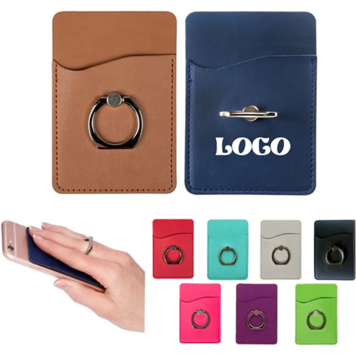 A phone wallet in brown and blue, featuring a ring grip, available in multiple colours including pink, green, and grey.