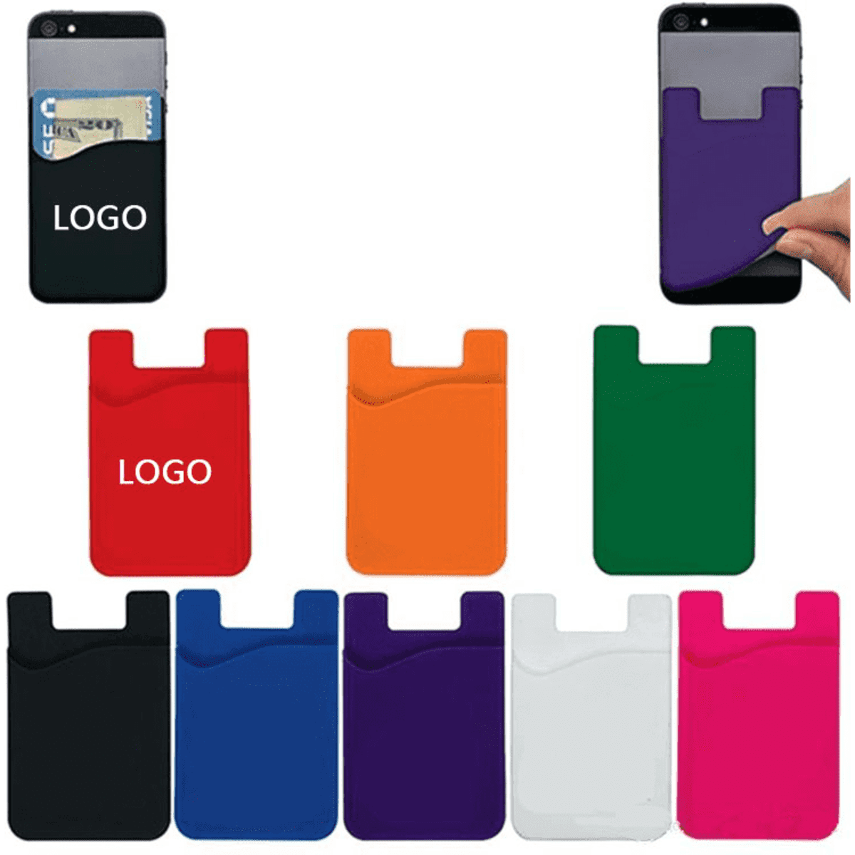 A variety of silicone cell phone wallets in black, red, orange, green, blue, purple, white, and pink, featuring logos.