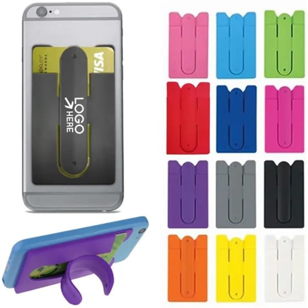A phone wallet and stand in various colours, featuring slots for cards and a logo.