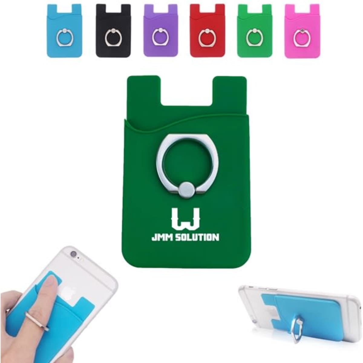 A green phone wallet with a ring grip, surrounded by purple, blue, pink, black, and red versions. The product features a logo.