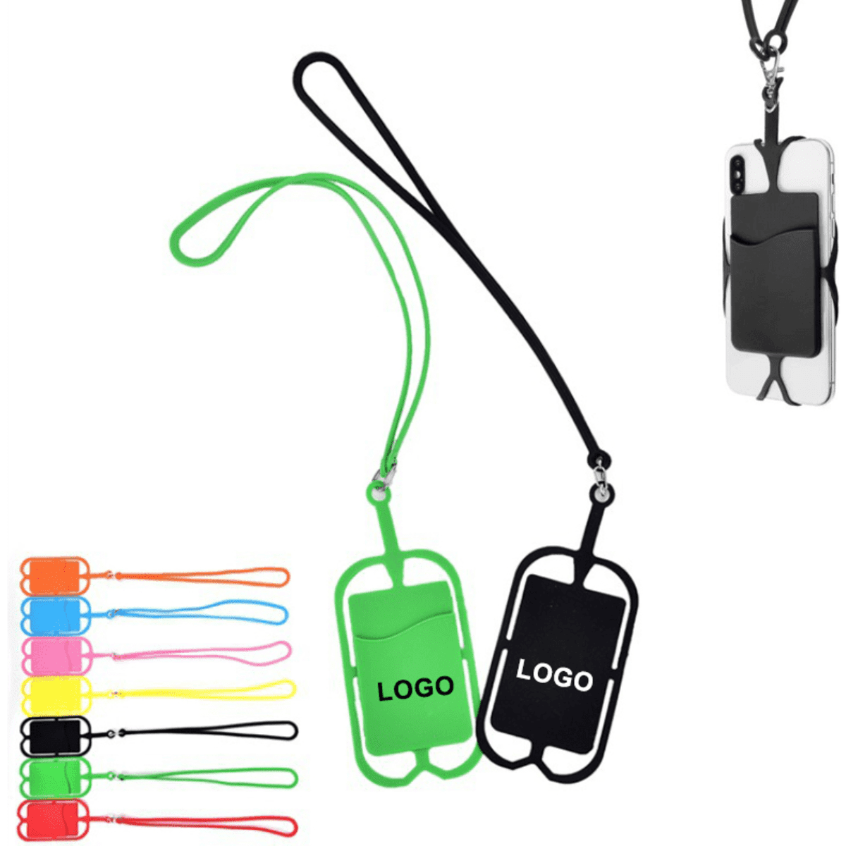 A phone wallet in green and black, featuring a lanyard and a logo, with various colourful options displayed.