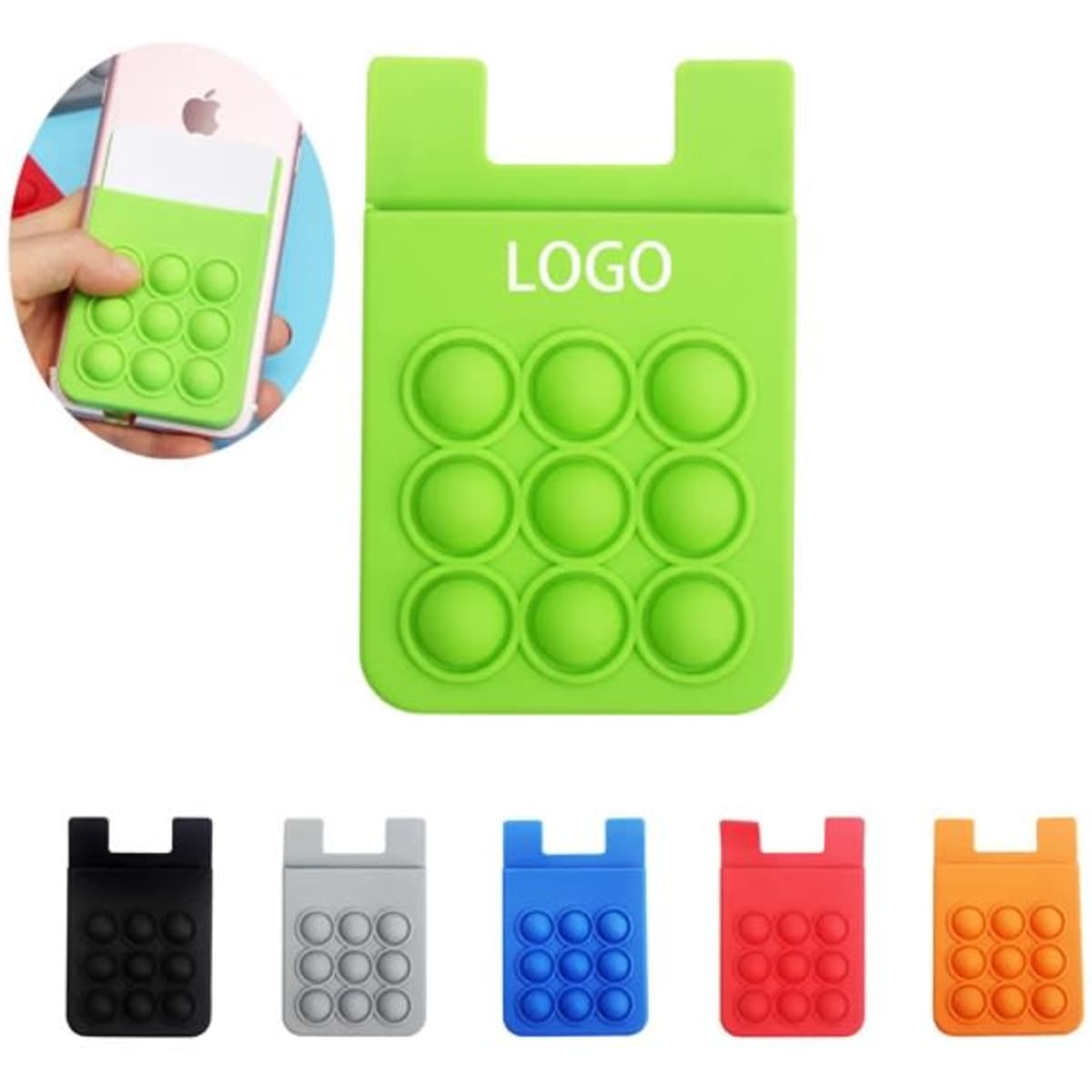 A green push bubble phone wallet with a textured design and a slot for cards. Available in black, grey, blue, red, and orange.